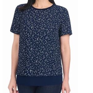 Hilary Radley Women's Short Sleeve Double Layer Floral Blouse Navy Combo Size XL